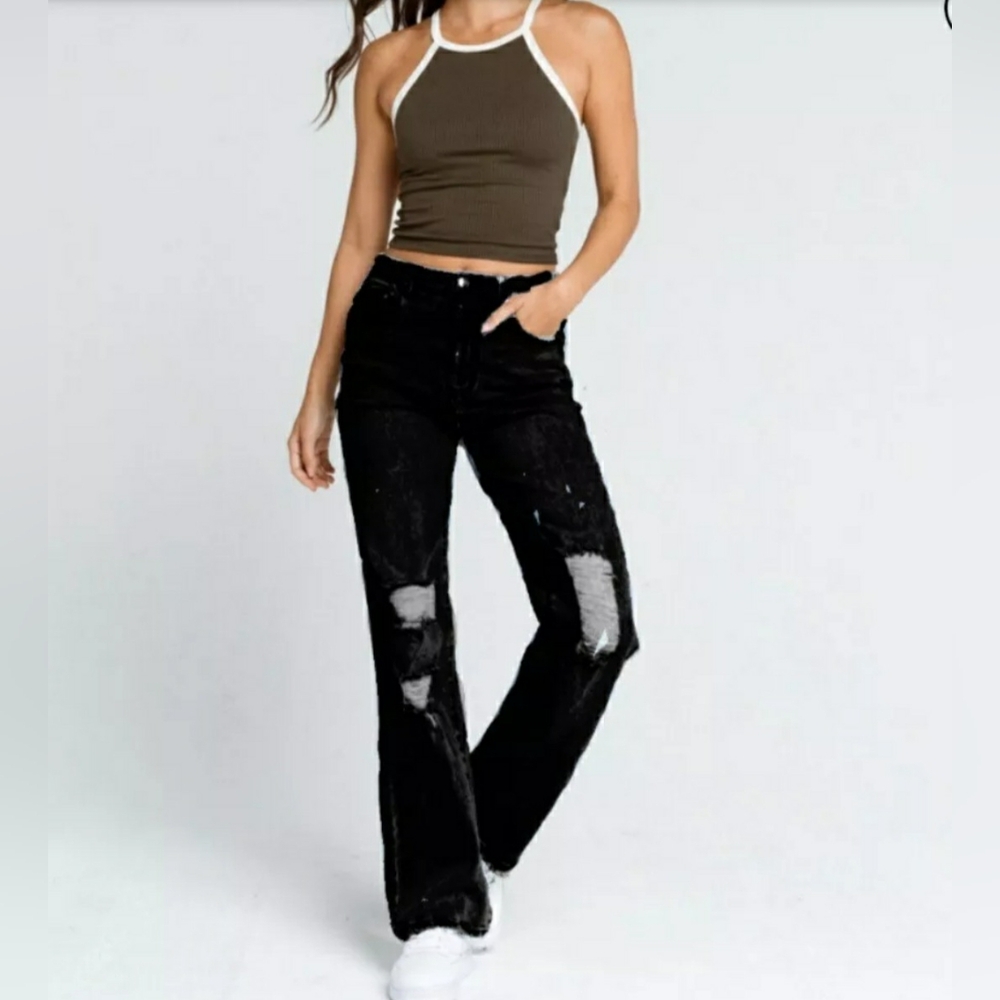 Womens Almost Famous Black Distressed ’90s Fit Jeans Wide Leg Size 5